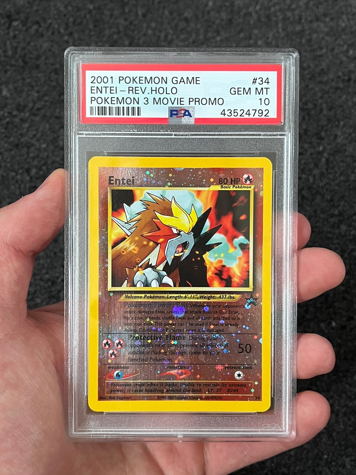 Pokémon PSA 10 Entei reverse holo #34 Movie 3 Promo, Ophalen of Verzenden, Zo goed als nieuw, Losse kaart, Foil
