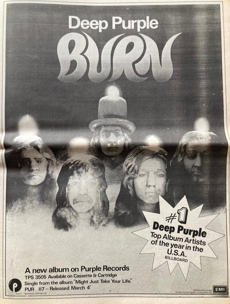 Paginagrote A3 advertentie DEEP PURPLE Burn, Cd's en Dvd's, Vinyl | Hardrock en Metal, Ophalen of Verzenden, Gebruikt