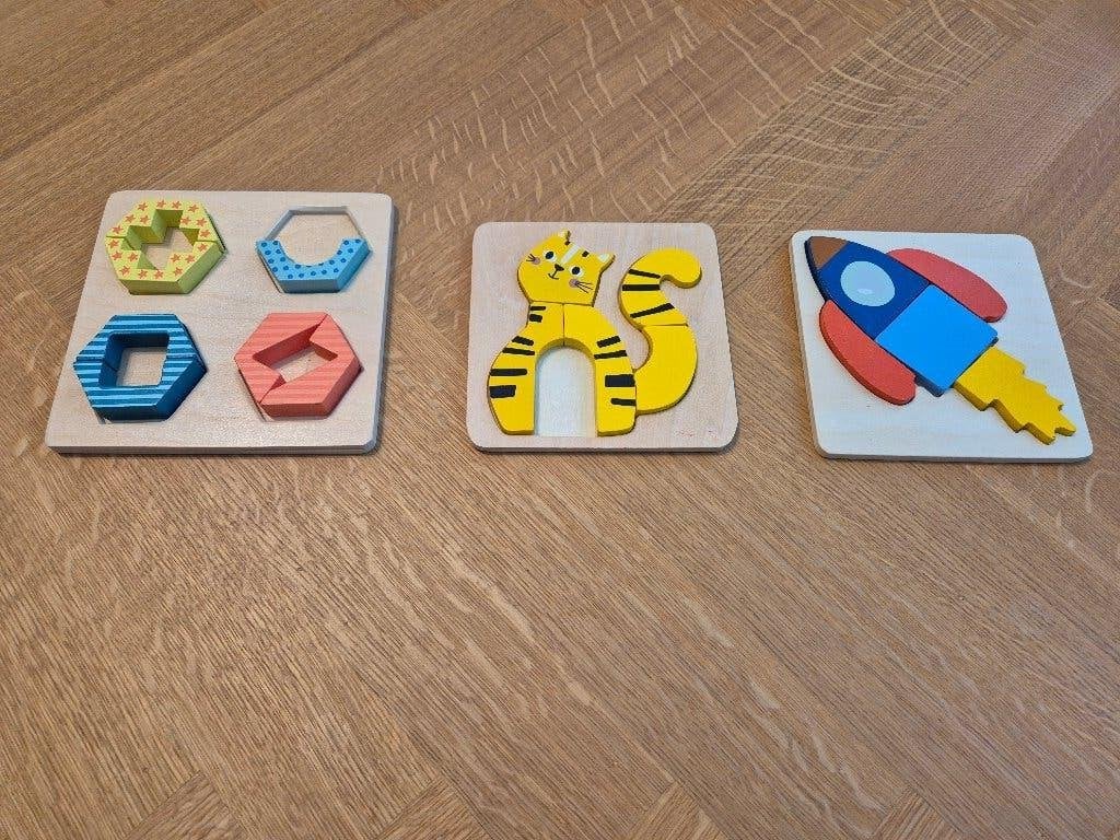 Mooie set van 3 houten inlegpuzzels (Vormen, Tijger, Raket), Kinderen en Baby's, Ophalen, 10 tot 50 stukjes, Zo goed als nieuw