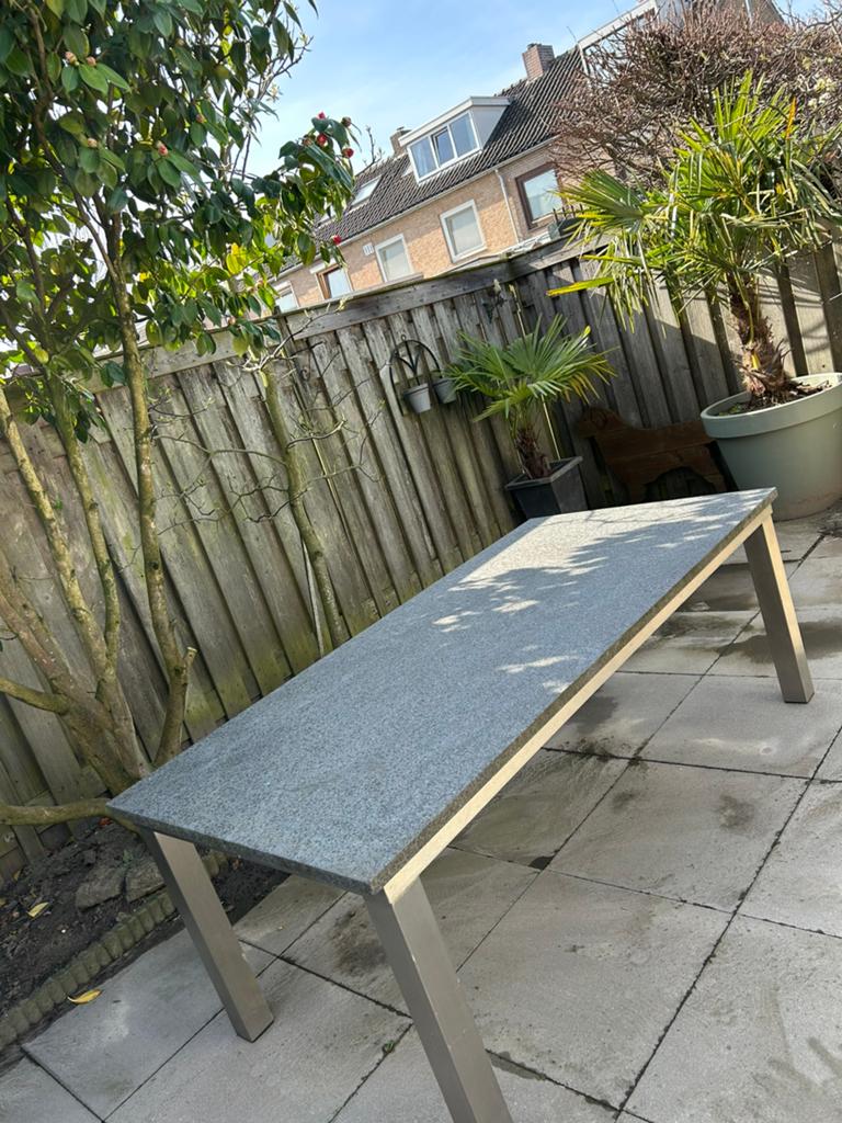 Stenen graniet blad RVS onderstel tuintafel,tafel 100x200x76, Ophalen, Zo goed als nieuw, Rechthoekig, Rvs