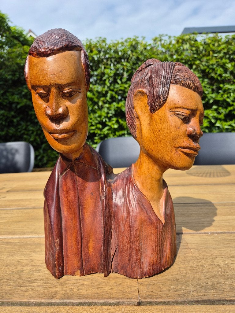 Houten buste 2 Afrikaanse gezichten, Ophalen, Groep mensen, Buste, 20 - 50 cm