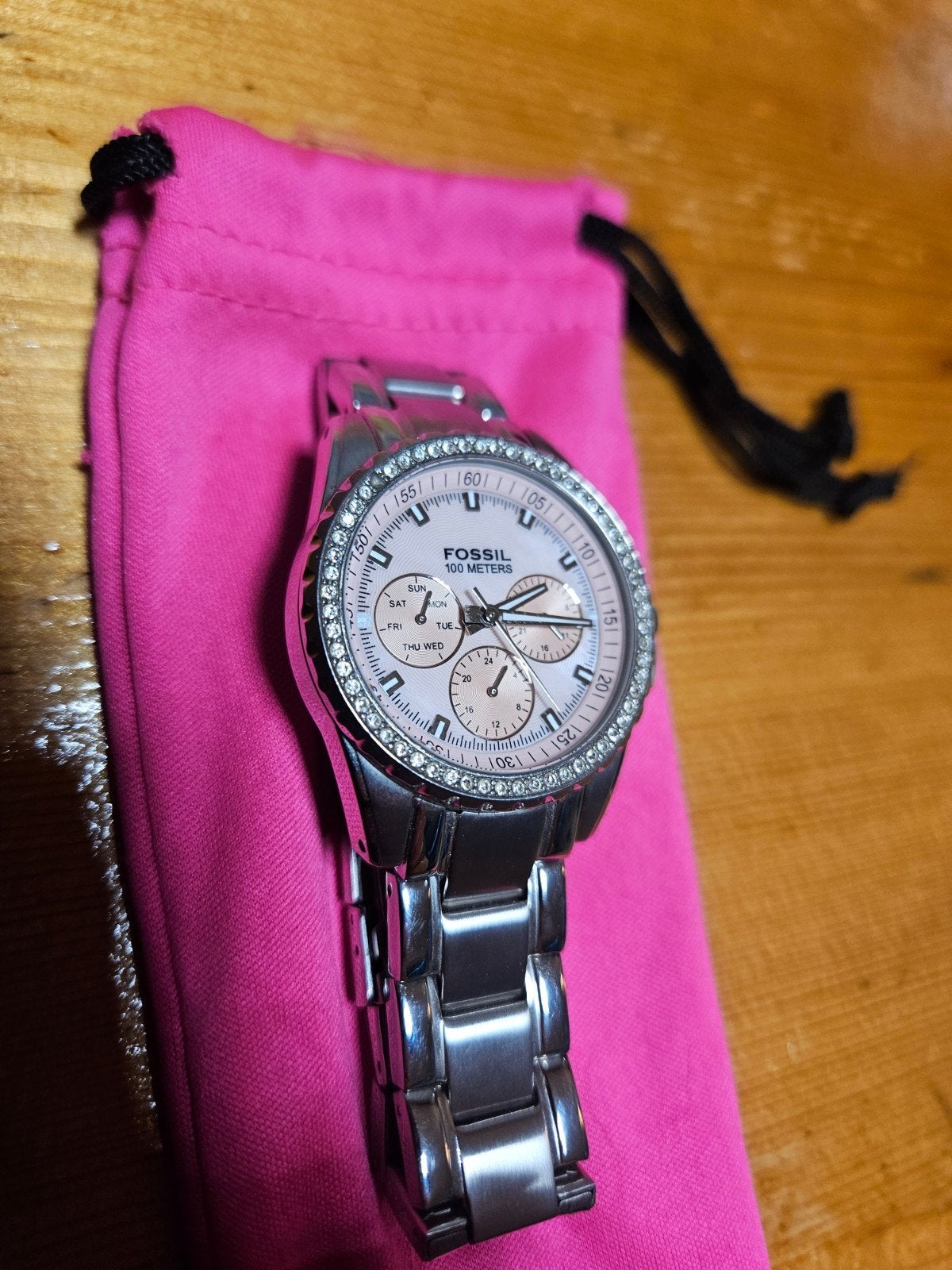 Fossil Dameshorloge met Strass - Zo goed als nieuw, Staal, Staal, Fossil, Polshorloge