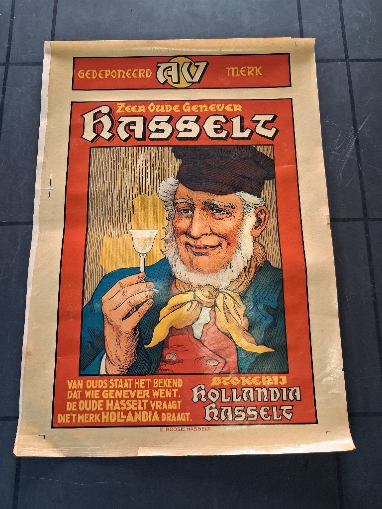 oude affiche HASSELTSE GENEVER.., Verzamelen, Ophalen of Verzenden, Zo goed als nieuw, Reclamebord