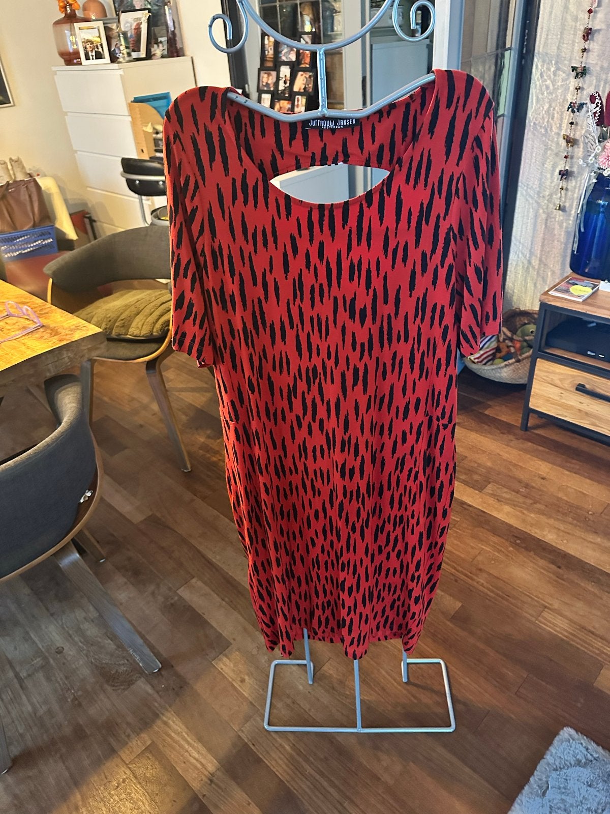 Juffrouw Jansen Amsterdam jurk rood met zwarte print, Maat 42/44 (L), Ophalen of Verzenden, Zo goed als nieuw, Rood
