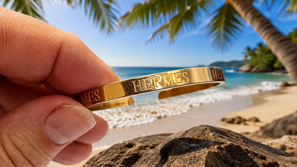 Goudkleurige Bangle / Slavenarmband met Hermes Gravure, Verzenden, Nieuw, Goud, Overige materialen