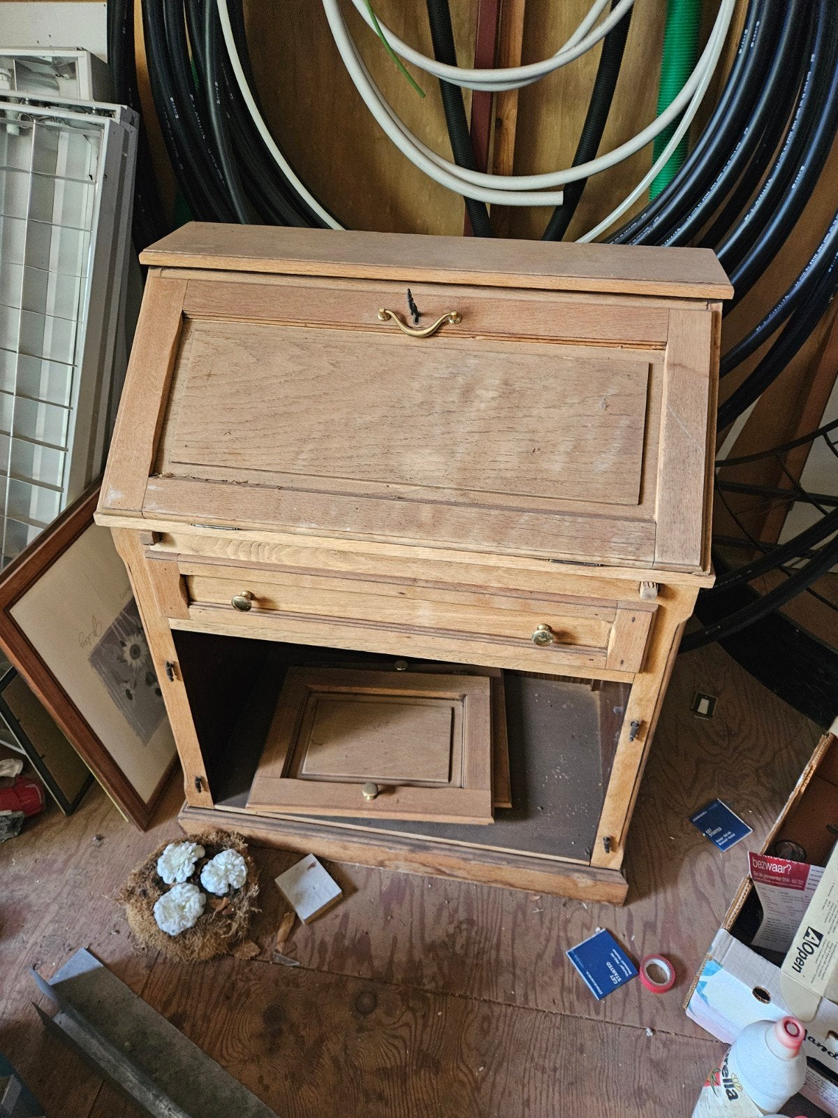 Vintage eikenhouten secretaire met klep en lades, Antiek en Kunst, Ophalen of Verzenden