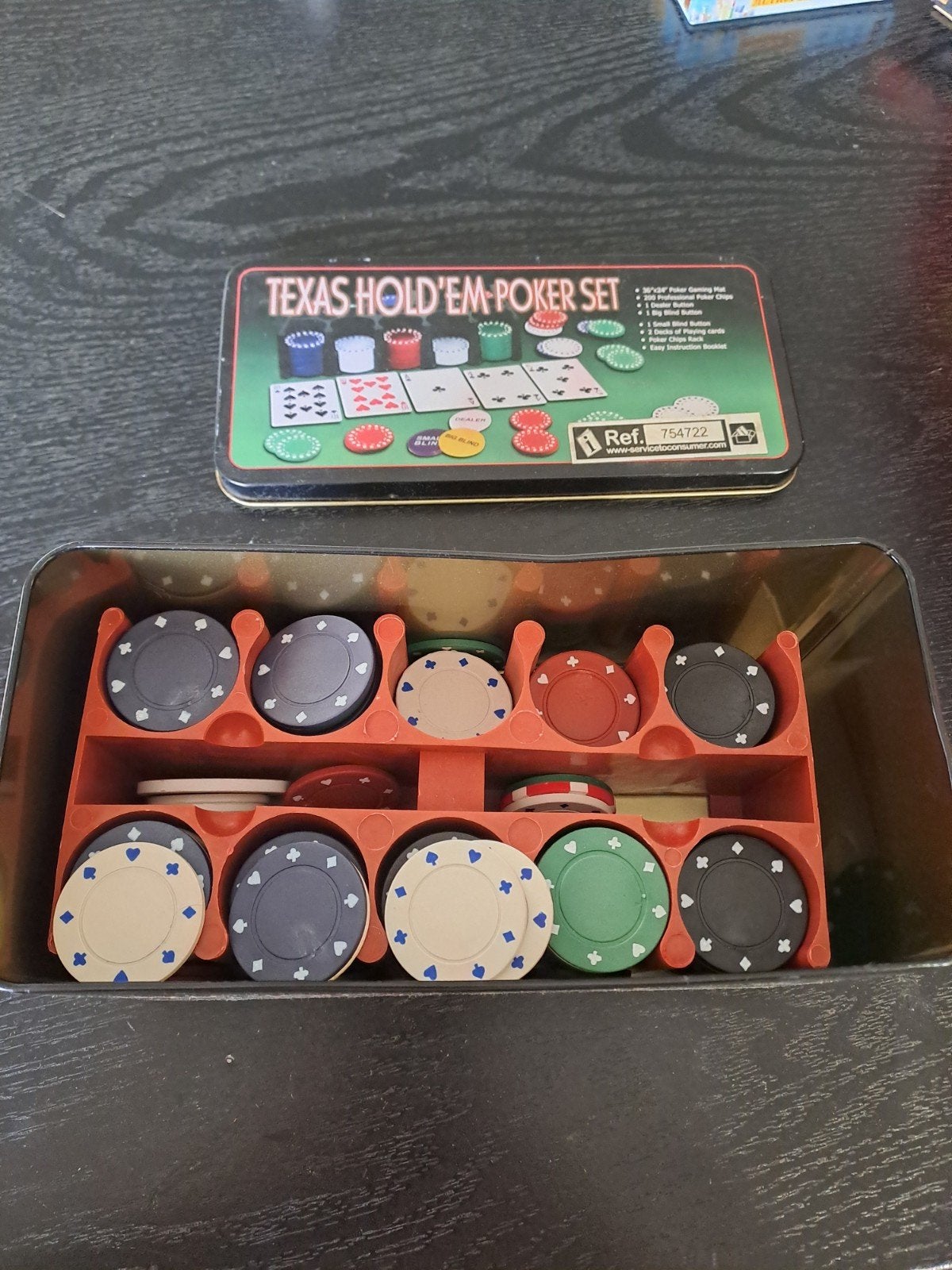 Texas Hold'em Poker Set in blikken doos, Drie of vier spelers, Ophalen of Verzenden, Gebruikt, Onbekend