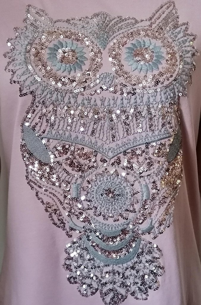 SUPER GAAF oudroze t-shirt met uil van vele pailletjes mt. M, Kleding | Dames, Maat 38/40 (M), Nieuw, Ophalen of Verzenden, Lange mouw