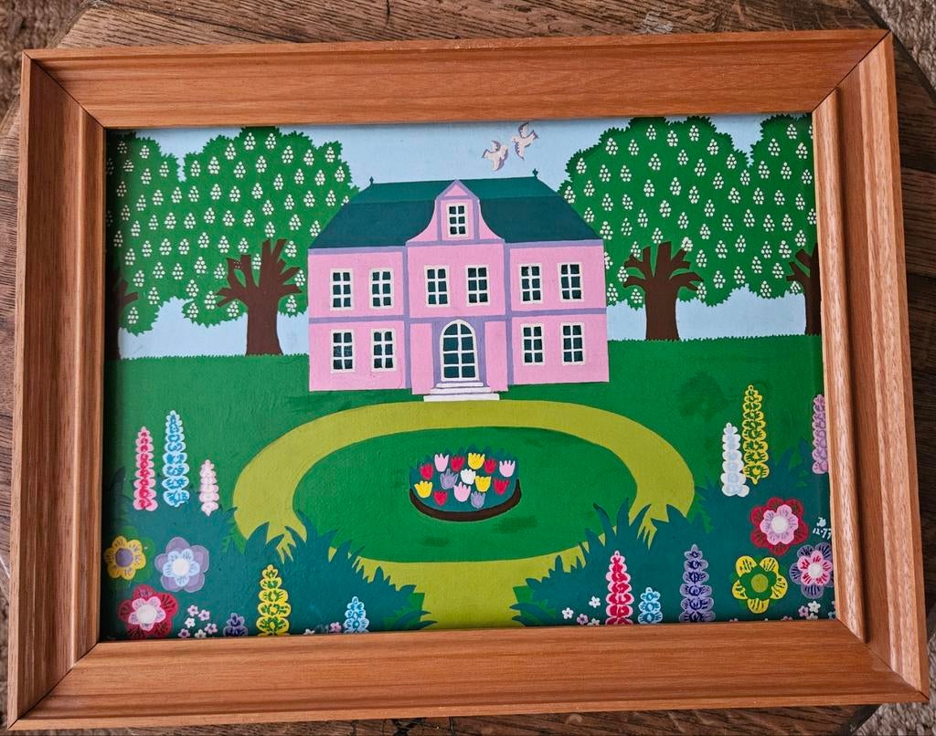 Naïeve kunst: Roze Landhuis met Tulpenborder (JB 12-'77), Ophalen of Verzenden