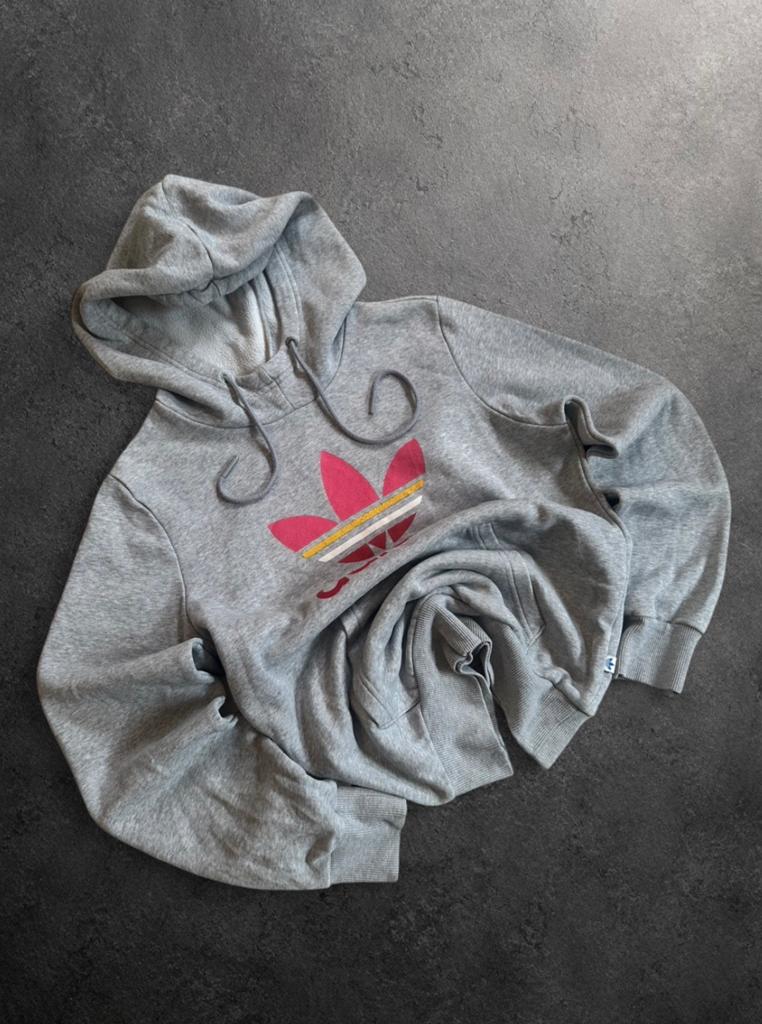 Vintage Adidas Trefoil Hoodie Grijs Roze Y2K Dames UK 8, Ophalen of Verzenden, Gedragen, Maat 34 (XS) of kleiner, Grijs