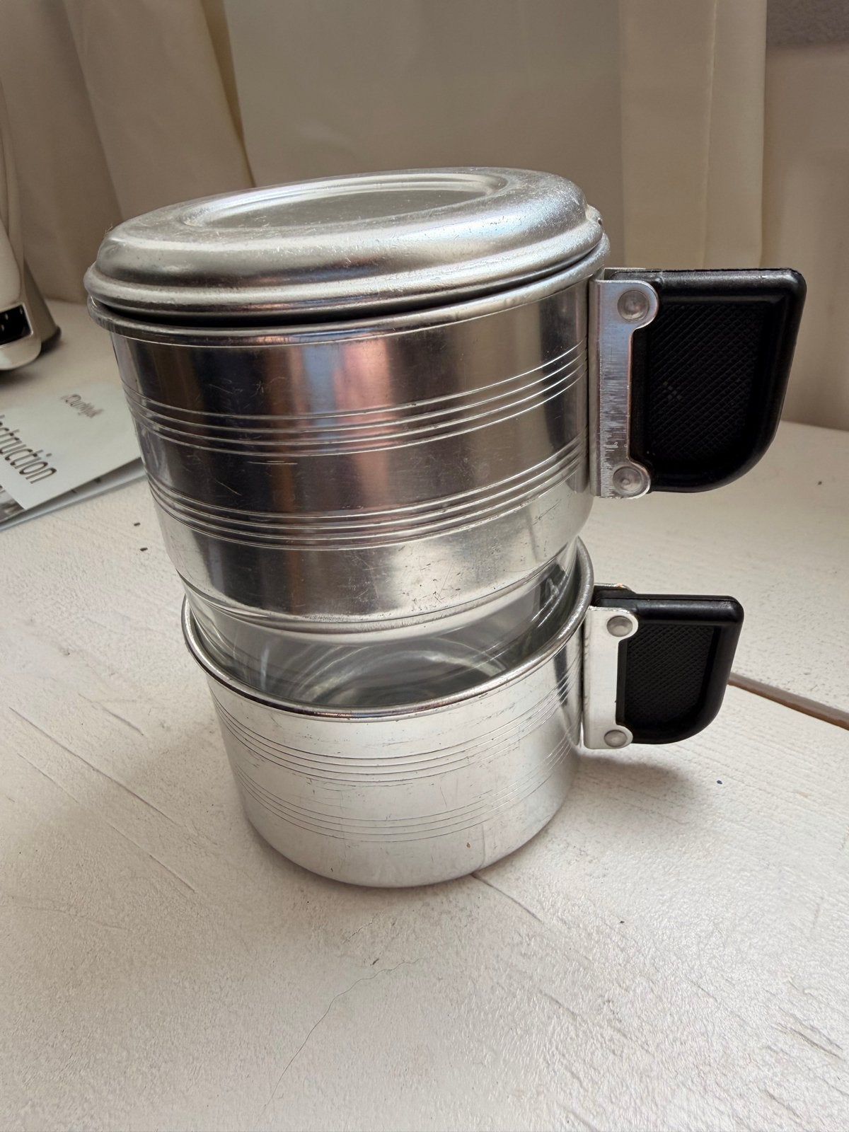 Vintage aluminium koffie percolator - 1 kopje, Gebruikt, Overige modellen, Gemalen koffie, Ophalen of Verzenden