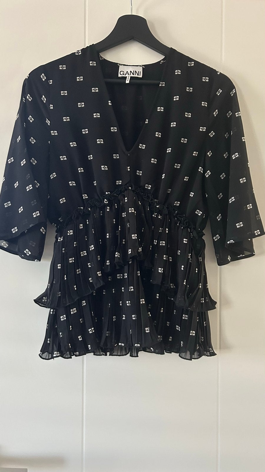 Ganni tuniek met ruches en Ganni print - Maat 34, Ophalen of Verzenden, Zo goed als nieuw, Maat 34 (XS) of kleiner, Zwart