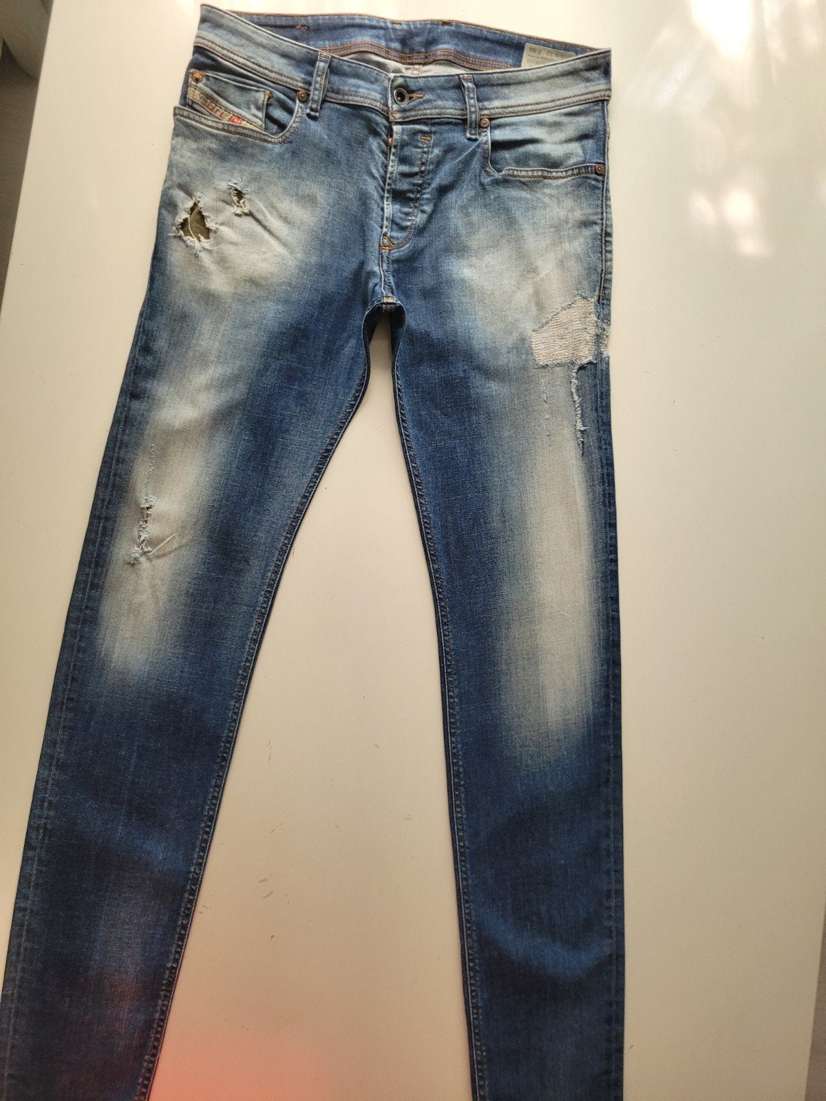 DIESEL SLEENKER SLIM SKINNY STRETCH DESTROY JEANS SIZE 32/34, Diesel, Blauw, W32 (confectie 46) of kleiner, Ophalen of Verzenden