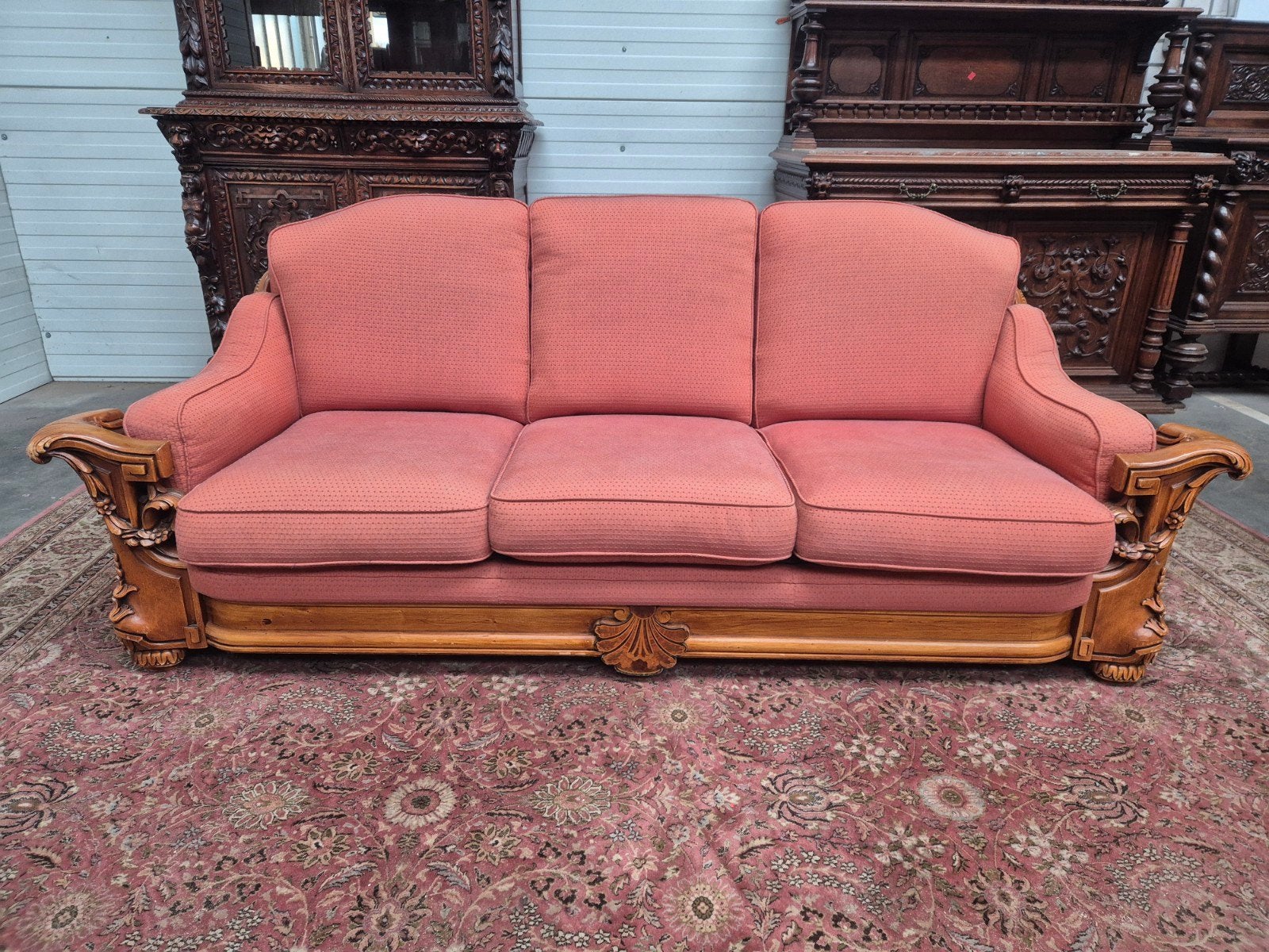 Antieke 3-zits bank en 2 fauteuils met houtsnijwerk, Antiek en Kunst, Ophalen of Verzenden