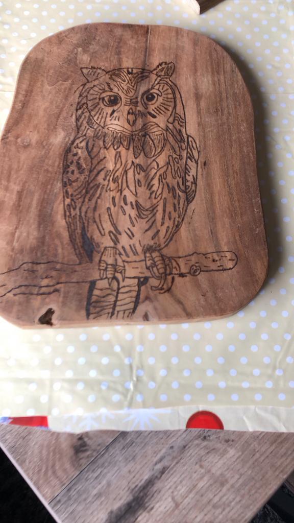 Houten snijplank met uil pyrografie, Hobby en Vrije tijd, Tekenen, Ophalen of Verzenden, Gebruikt, Overige typen