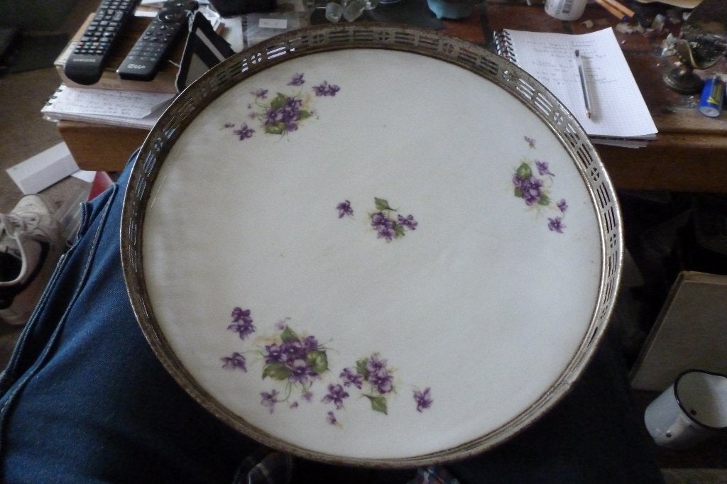 Antieke porseleinen dienblad - paarse viooltjes, Ophalen of Verzenden