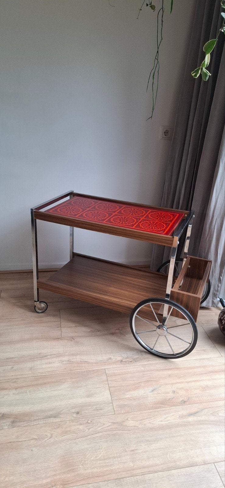 Vintage serveerwagen chroom en hout, Ophalen, Gebruikt, Vintage, Retro, 75 cm of meer