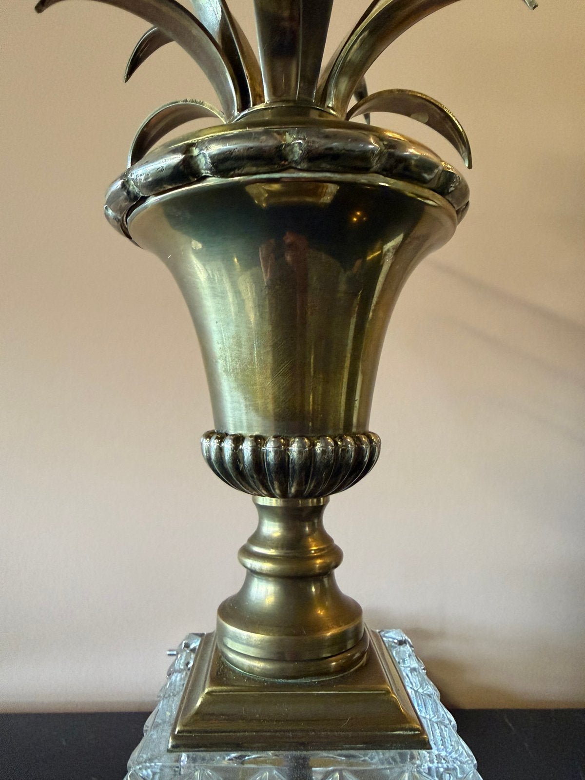 Vintage Hollywood Regency palm tafellamp glas messing, Gebruikt, Overige merken, 48 cm, Met schakelaar