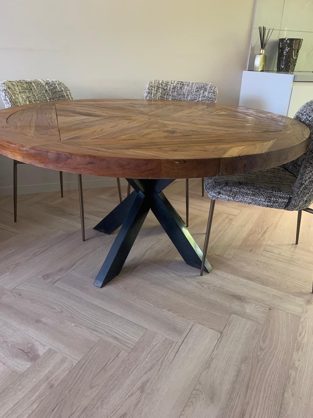 Teakhout eettafel XXL rond massief ingelegd, Ophalen, Gebruikt, Vijf personen of meer, 100 tot 150 cm