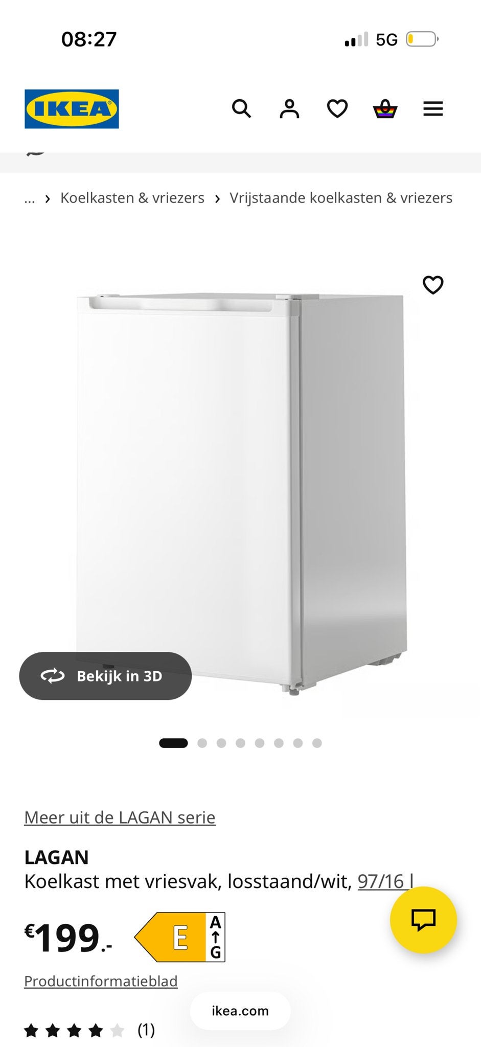 IKEA LAGAN Koelkast met vriesvak, losstaand/wit, 60 cm of meer, 100 tot 150 liter, Nieuw, Energieklasse A of zuiniger