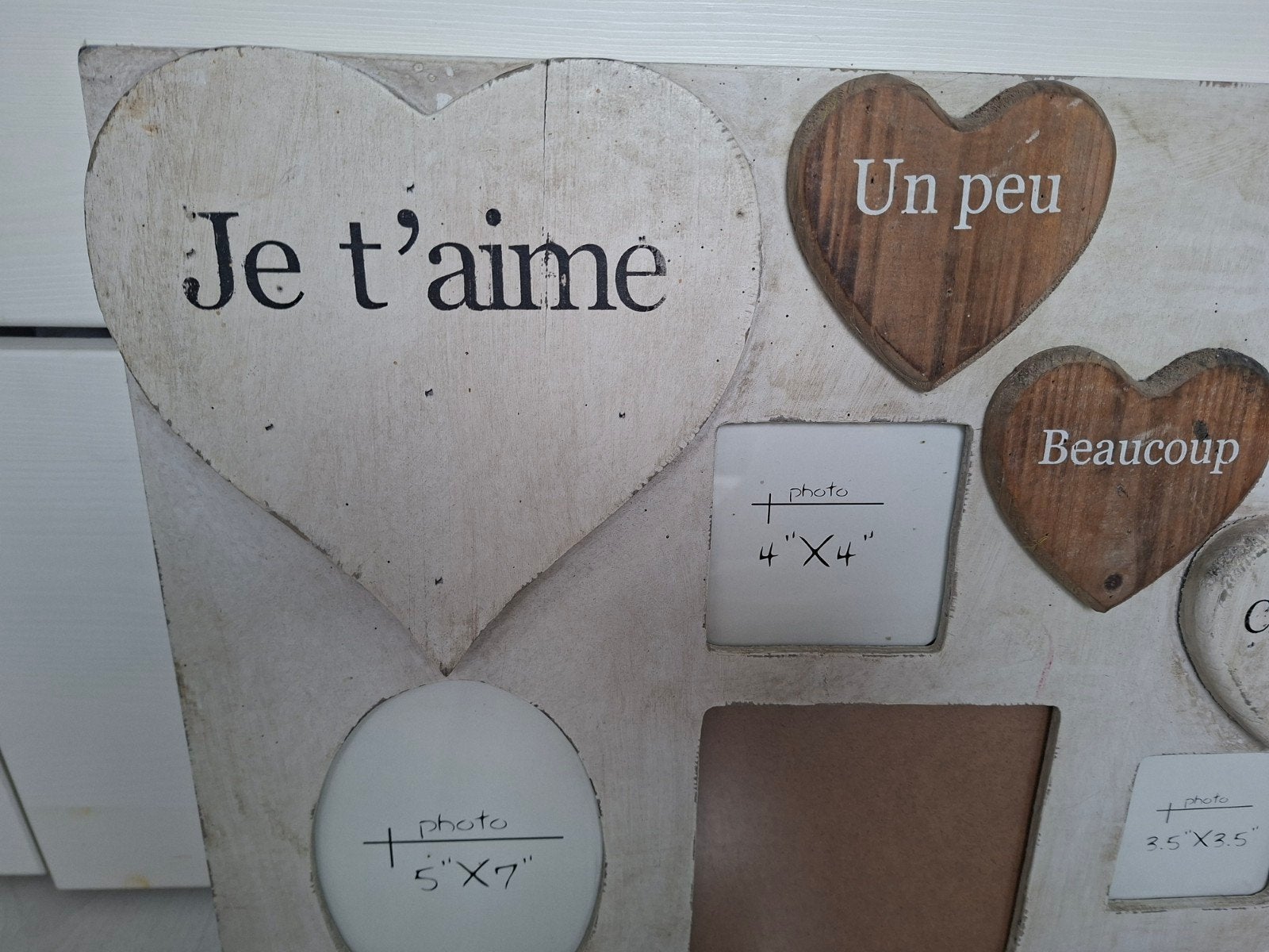 Houten fotolijst 'Je t'aime' met hartjes, Ophalen of Verzenden, Gebruikt, Hout