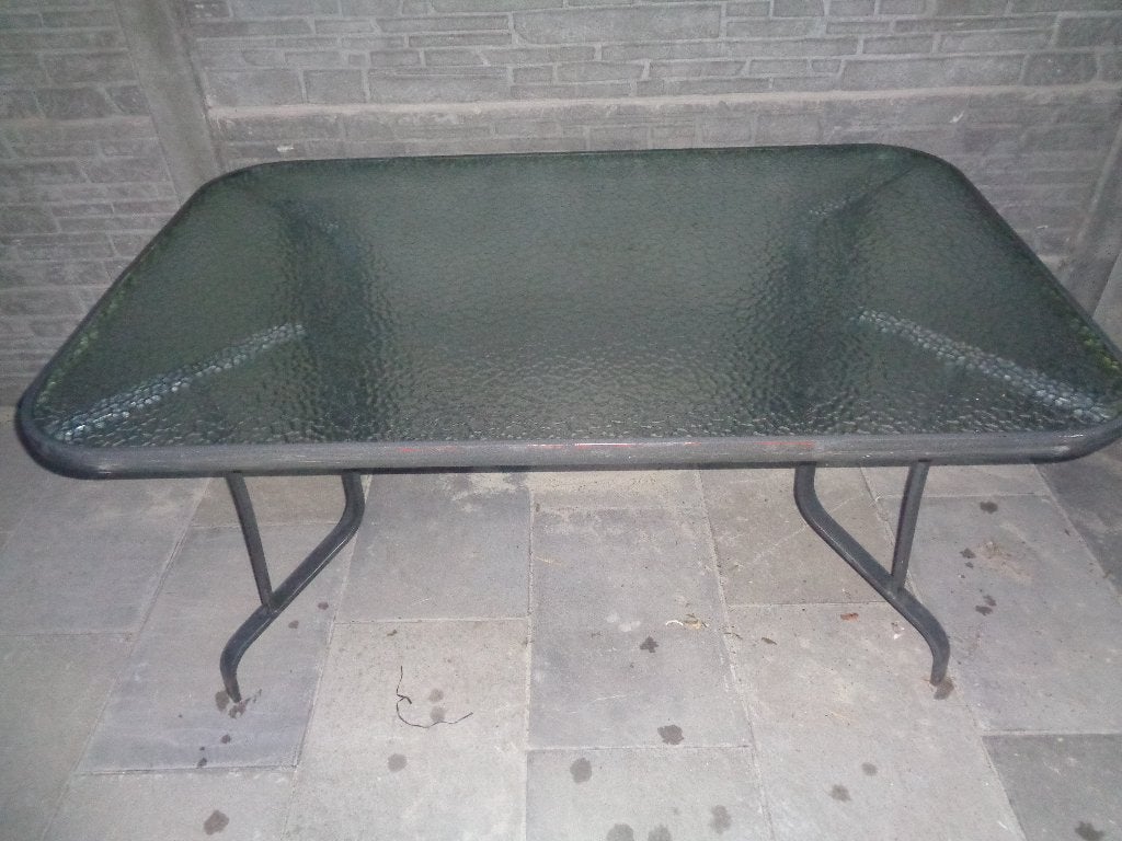 Metalen tafel Bois Le Duc met gehamerd glas en metalen poten, Ophalen, Gebruikt, Rechthoekig, Metaal