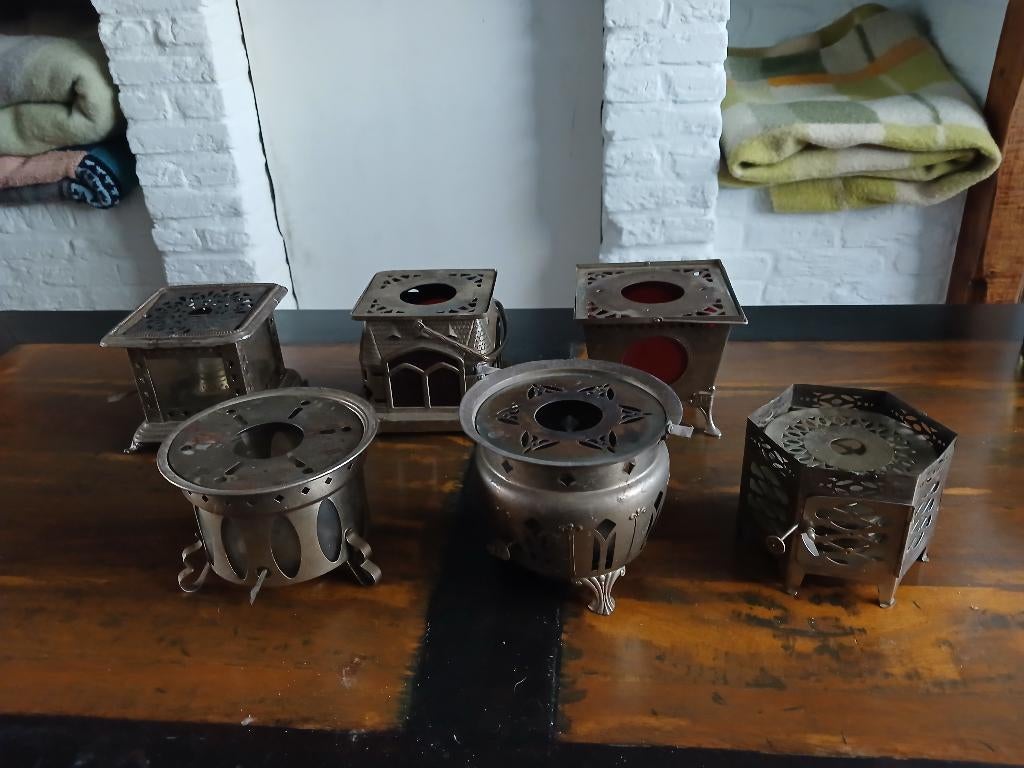6 Antieke Theelichten, Gebruikt, Ophalen of Verzenden, Metaal, Grijs