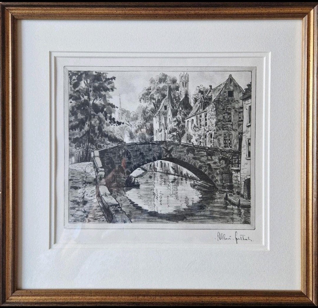 Ets van Albert Goethals : Brug over water in een stad, Ets, Stadsgezicht, 1900 - 1949, Gesigneerd