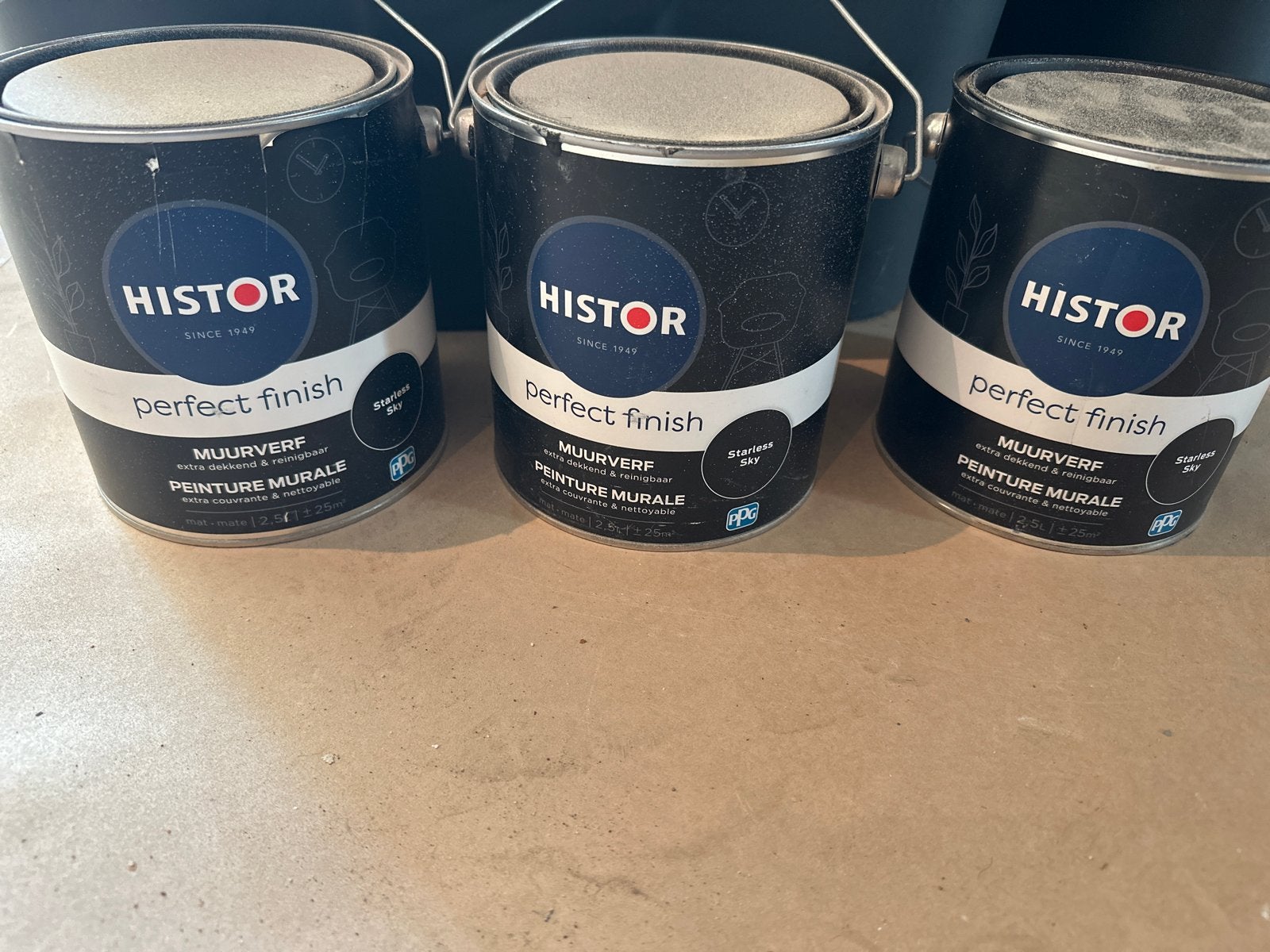 3x Histor Perfect Finish Muurverf Starless Sky 1.25L, Ophalen, Blauw, Nieuw, Verf