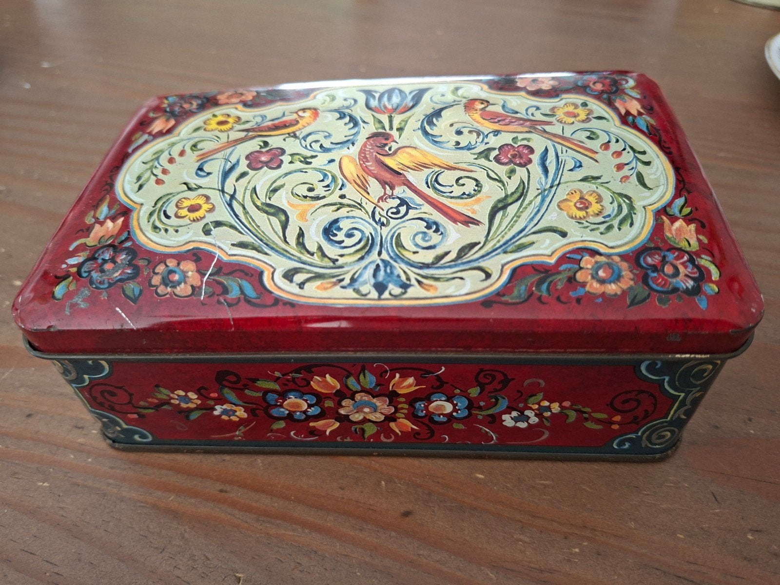 Vintage blikken doos met vogel- en bloemmotief, Ophalen