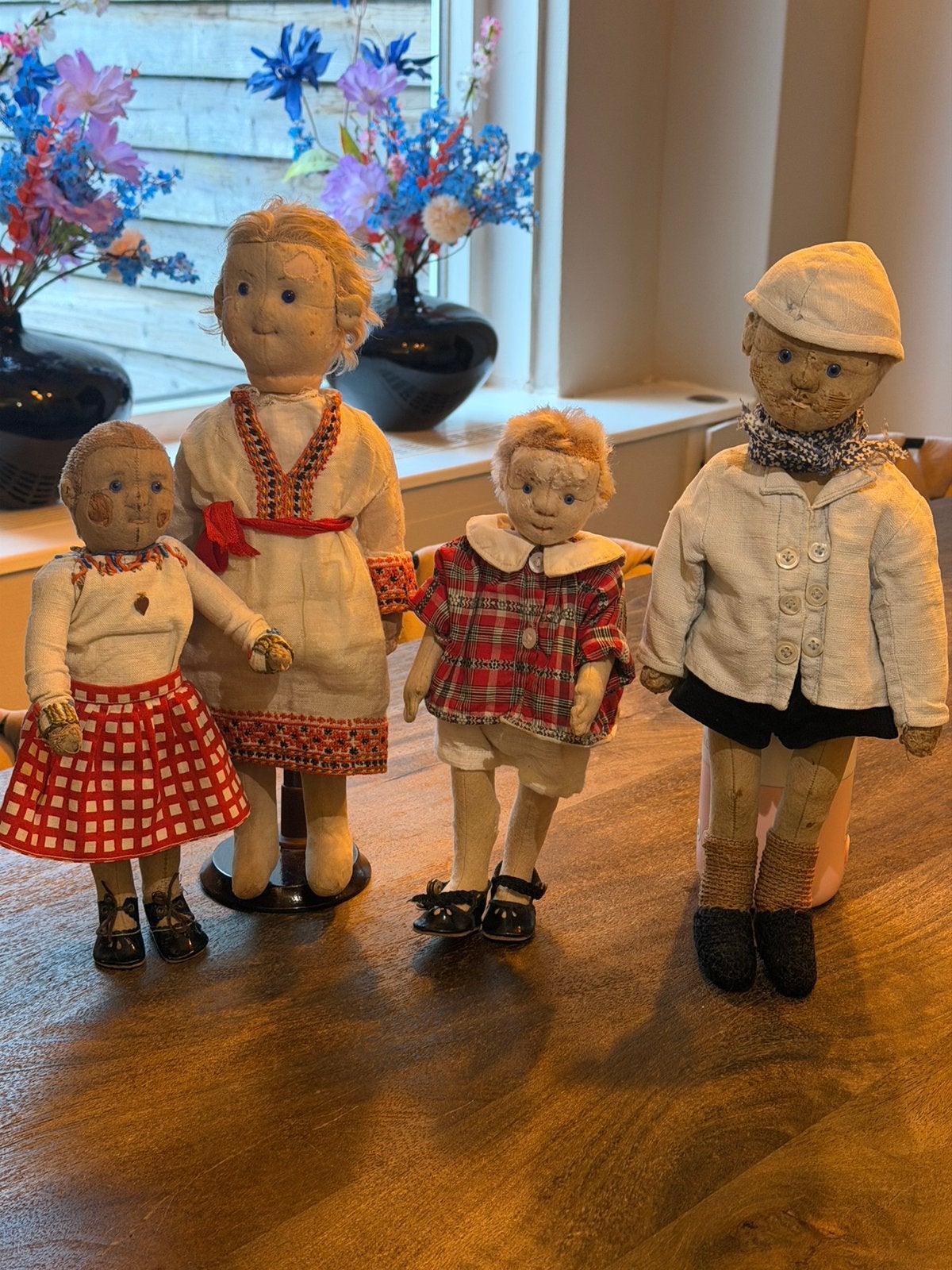 Unieke Set van 4 Antieke Steiff Poppen 1910– 2 met Knop!, Antiek en Kunst, Ophalen of Verzenden
