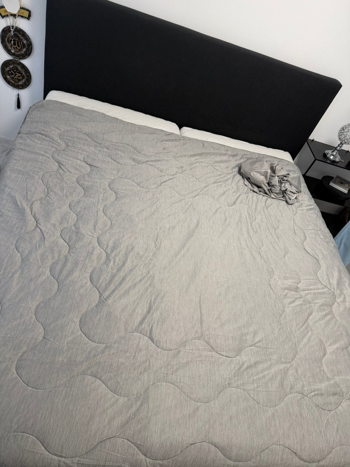 Boxspring 200x200 donkergrijs, Ophalen, Tweepersoons, Zo goed als nieuw, Overige maten