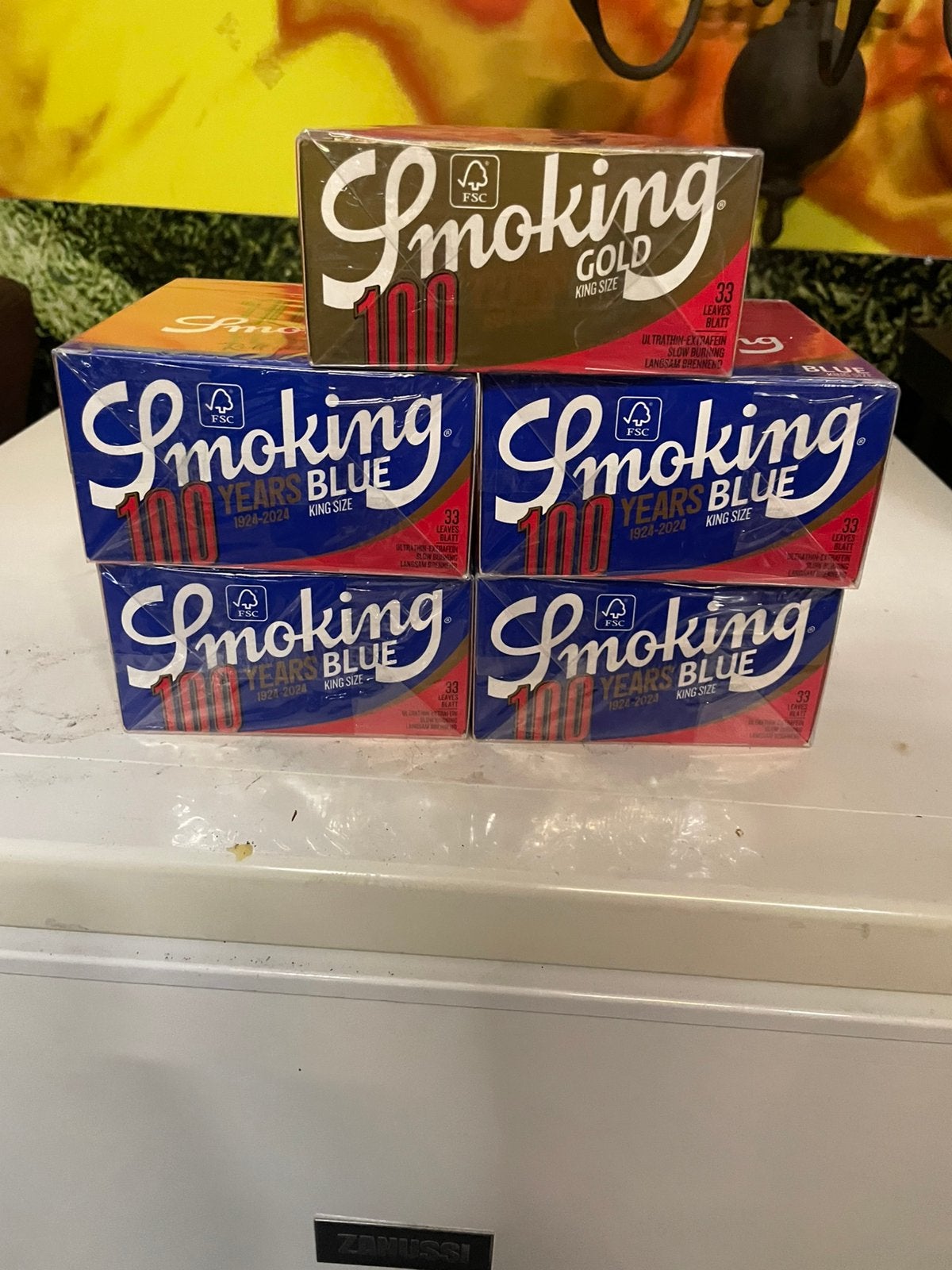 5 doosjes smoking lange vloei 1x gold 4x bleu mix partij, Ophalen of Verzenden, Nieuw, Sigarenbandjes