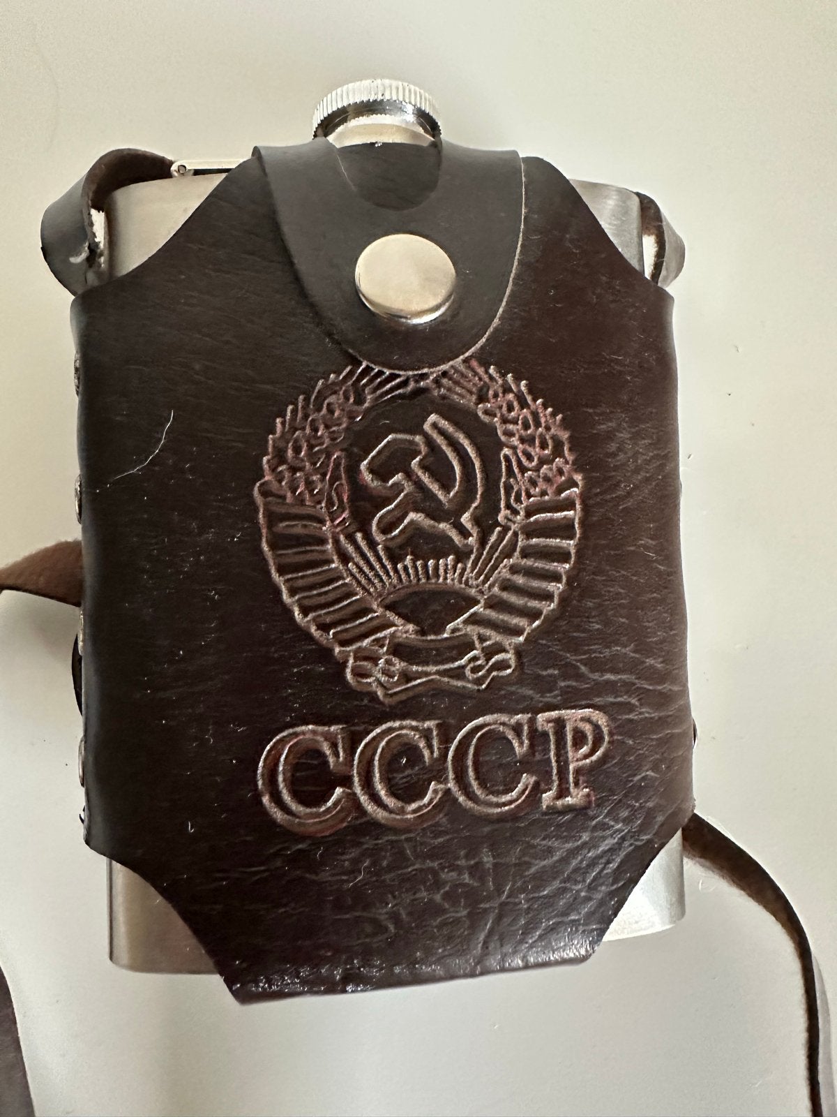 Roestvrijstalen heupfles met russisch embleem, Ophalen of Verzenden, Gebruikt