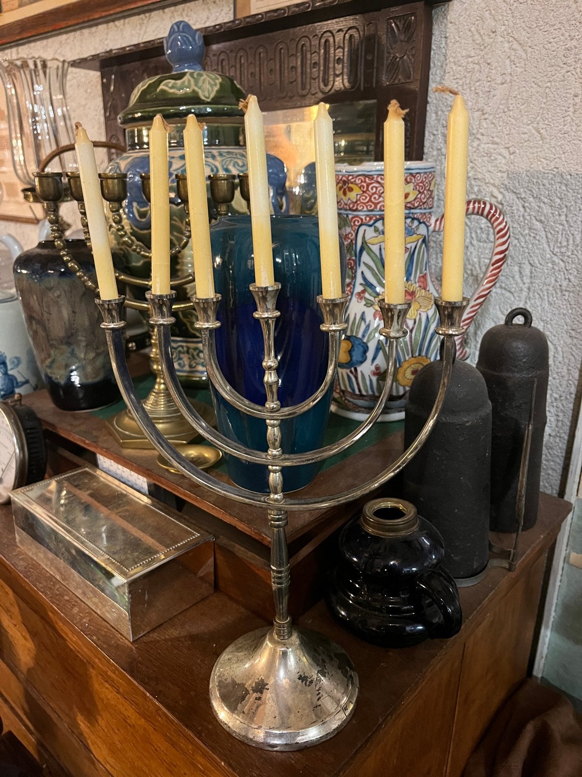 Zwaar verzilverde amphora kandelaar - Karshil Jerusalem, Antiek en Kunst, Ophalen of Verzenden, Zilver