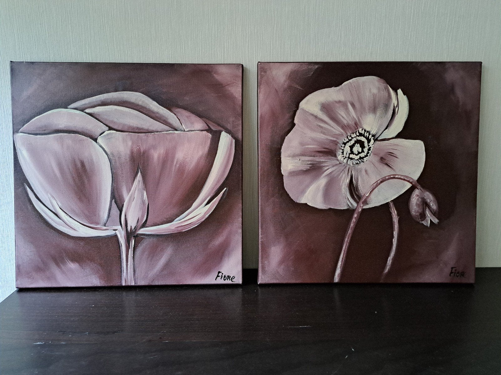 Set van 2 handgeschilderde bloemschilderijen, Ophalen of Verzenden