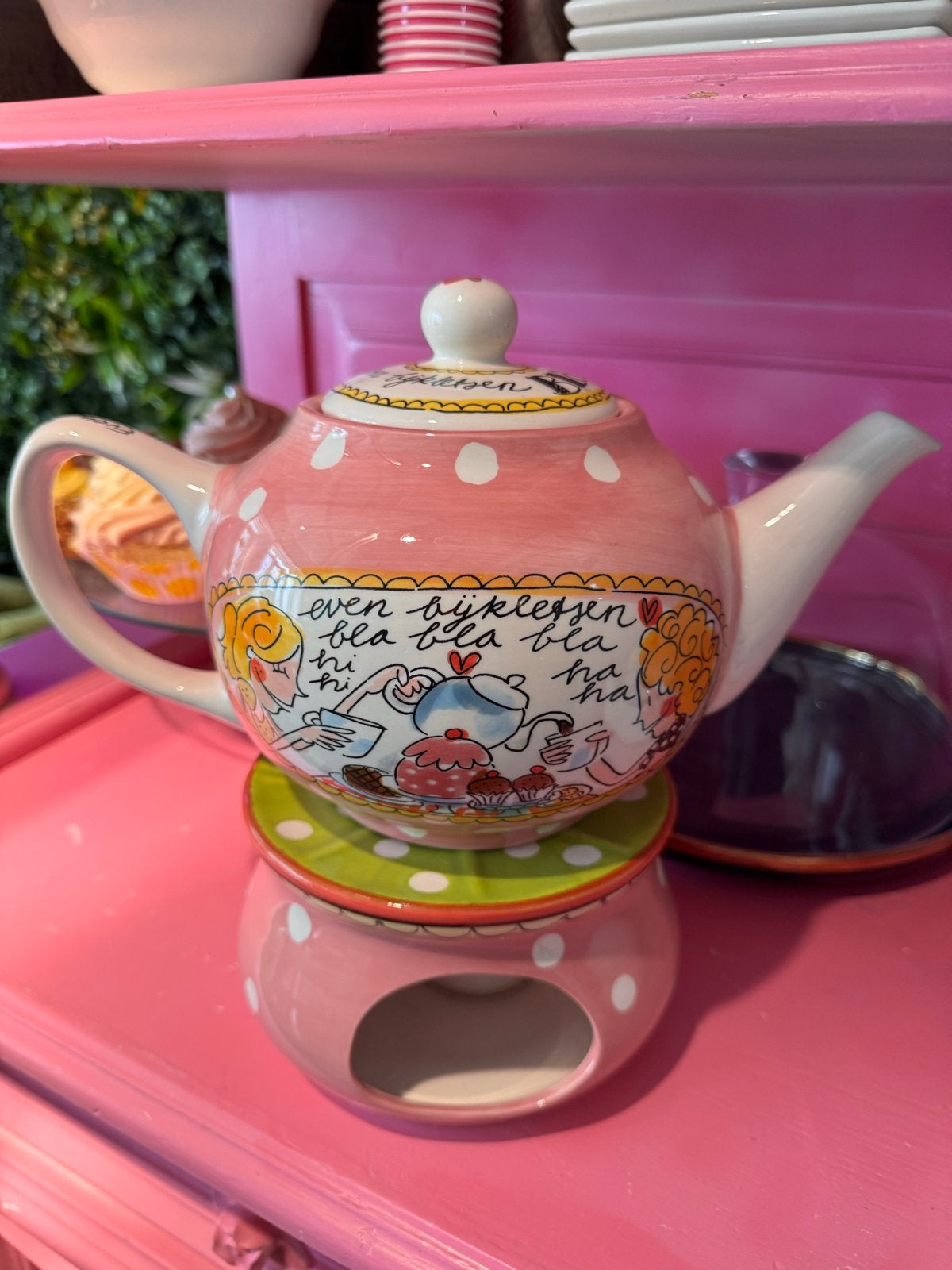 Blond Amsterdam theepot met theelicht en melk/suikerkan, Gebruikt, Ophalen of Verzenden, Theepot, Aardewerk