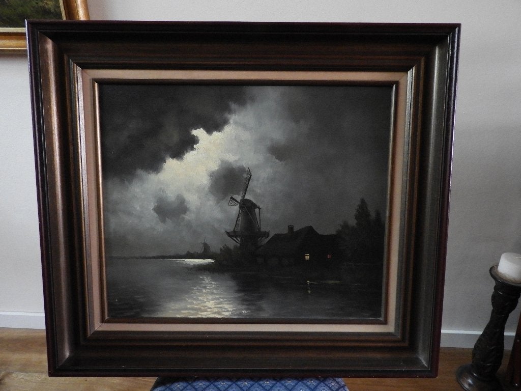 Nachtelijk landschap met molens - Gesigneerd - Dick Groen, Ophalen, Nederlandse school, Doek, Landschap