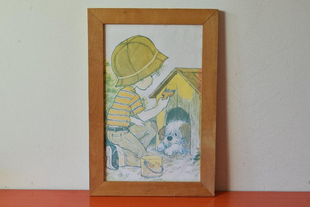 Retro vintage jaren 70 schilderij - Jongen met hond, Minder dan 50 cm, Gebruikt, Oorspronkelijke maker, Ophalen of Verzenden