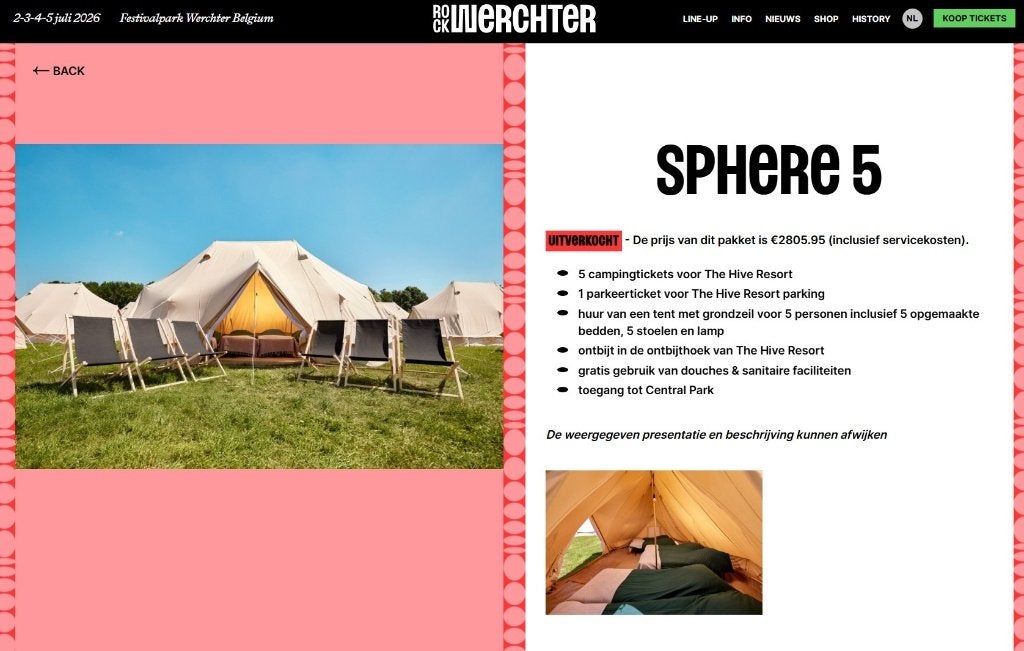 Rock Werchter The Hive Resort vijf p Sphere 5 tent + ontbijt, Drie personen of meer