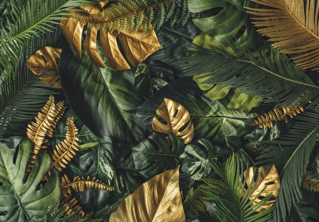 Groene bladeren met goud fotobehang Vlies 368x254cm, Verzenden, Fotobehang