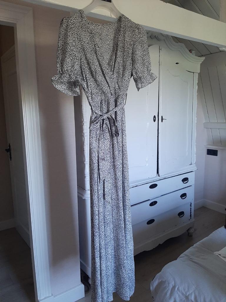 Leuke lange jurk mt m l shein print grijs blauw creme, Maat 38/40 (M), Zo goed als nieuw, Onder de knie, Shein