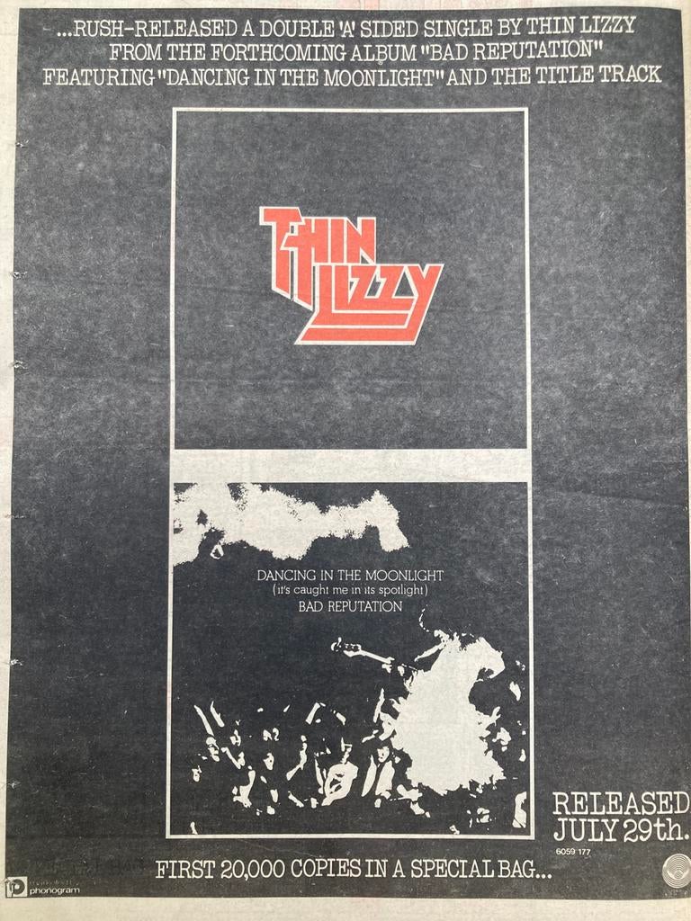 Paginagrote A3 advertentie THIN LIZZY Dancing Moonlight rele, Cd's en Dvd's, Vinyl | Hardrock en Metal, Ophalen of Verzenden, Gebruikt