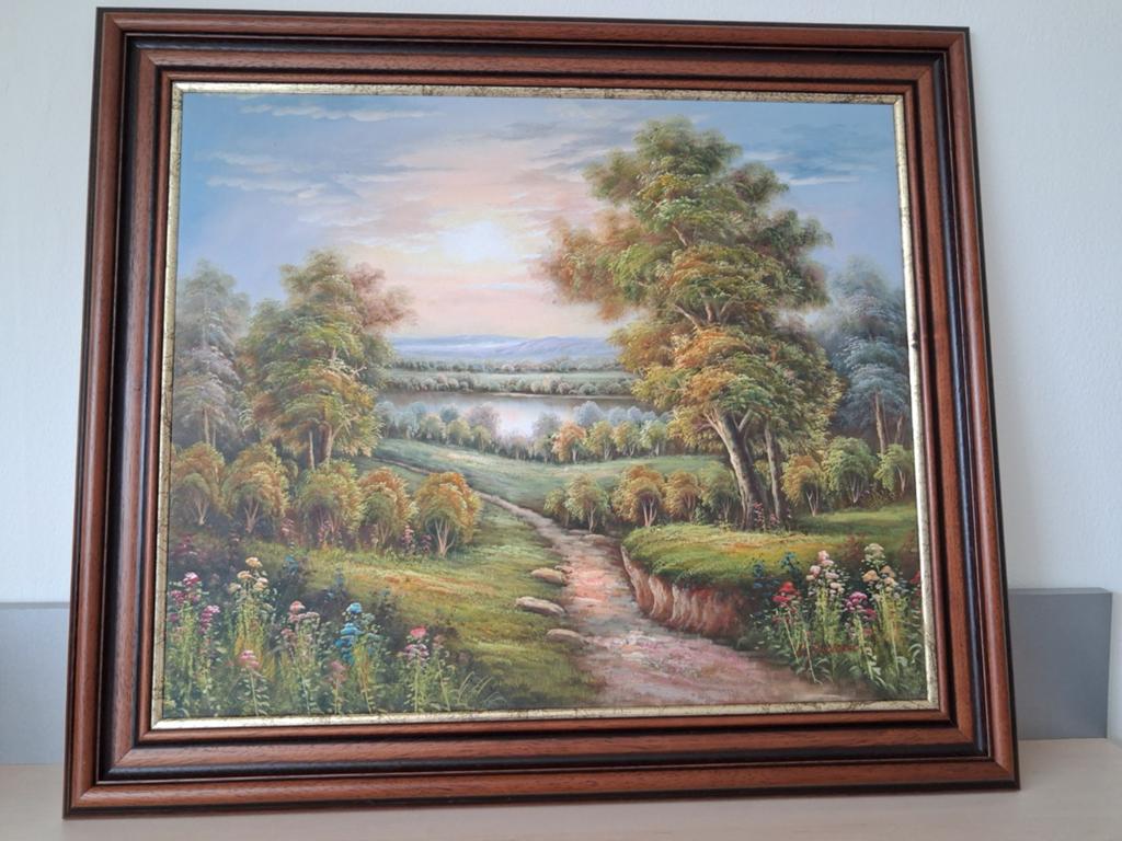 Olieverfschilderij met landschap in houten lijst. 74 x 64 cm, Antiek en Kunst, Kunst | Schilderijen | Klassiek, Ophalen