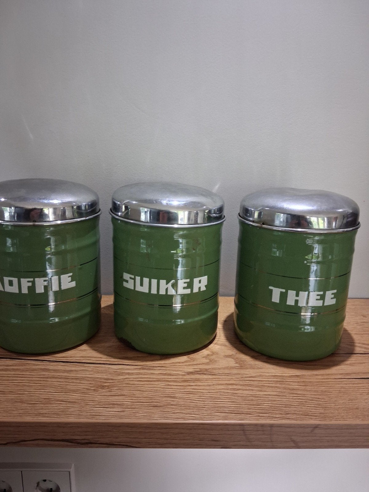 Vintage Groene Voorraadpotten Set (Koffie, Suiker, Thee), Antiek en Kunst, Ophalen of Verzenden