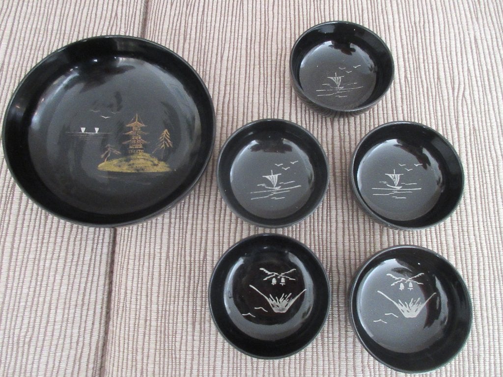 set zwarte bakjes met chineesachtig motief, Ophalen of Verzenden, Gebruikt