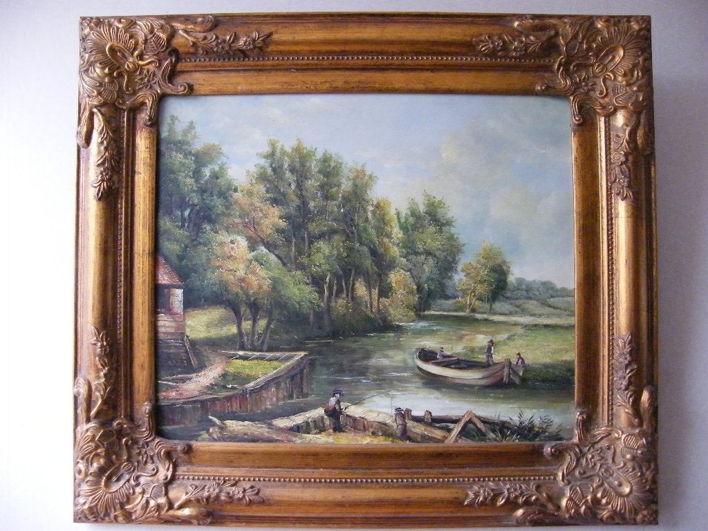 Schilderij Vissen aan de rivier - Olieverf, goud verguld, Handgeschilderd, Doek, Ophalen of Verzenden, Landschap