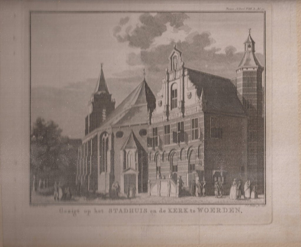 Gezigt op het stadhuis en de kerk te Woerden 1750 C. Pronk, Stadsgezicht, 17 cm, 19 cm, Ophalen of Verzenden