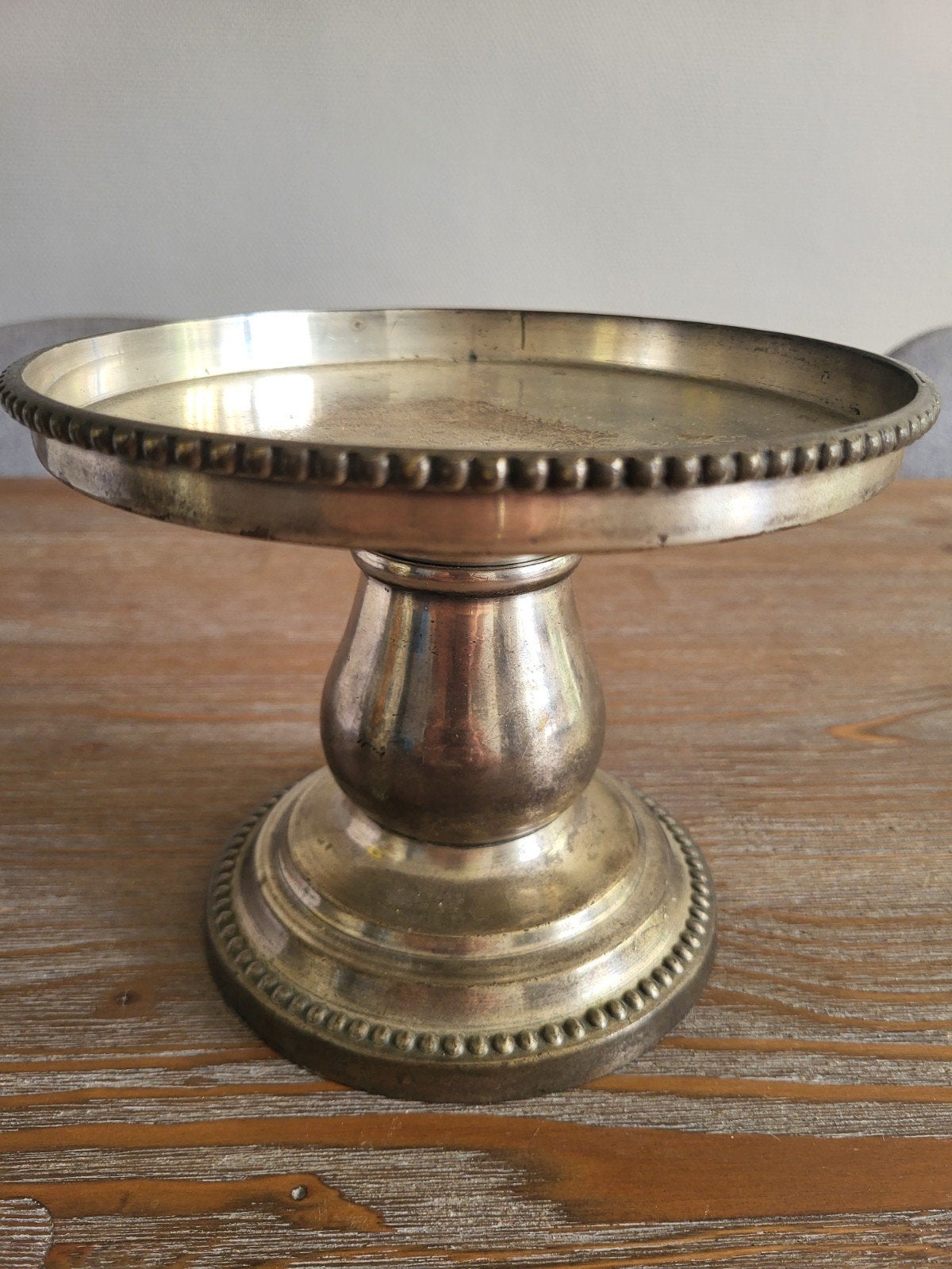 Vintage Verzilverd Plateau op Voet met Kralenrand, Ophalen of Verzenden