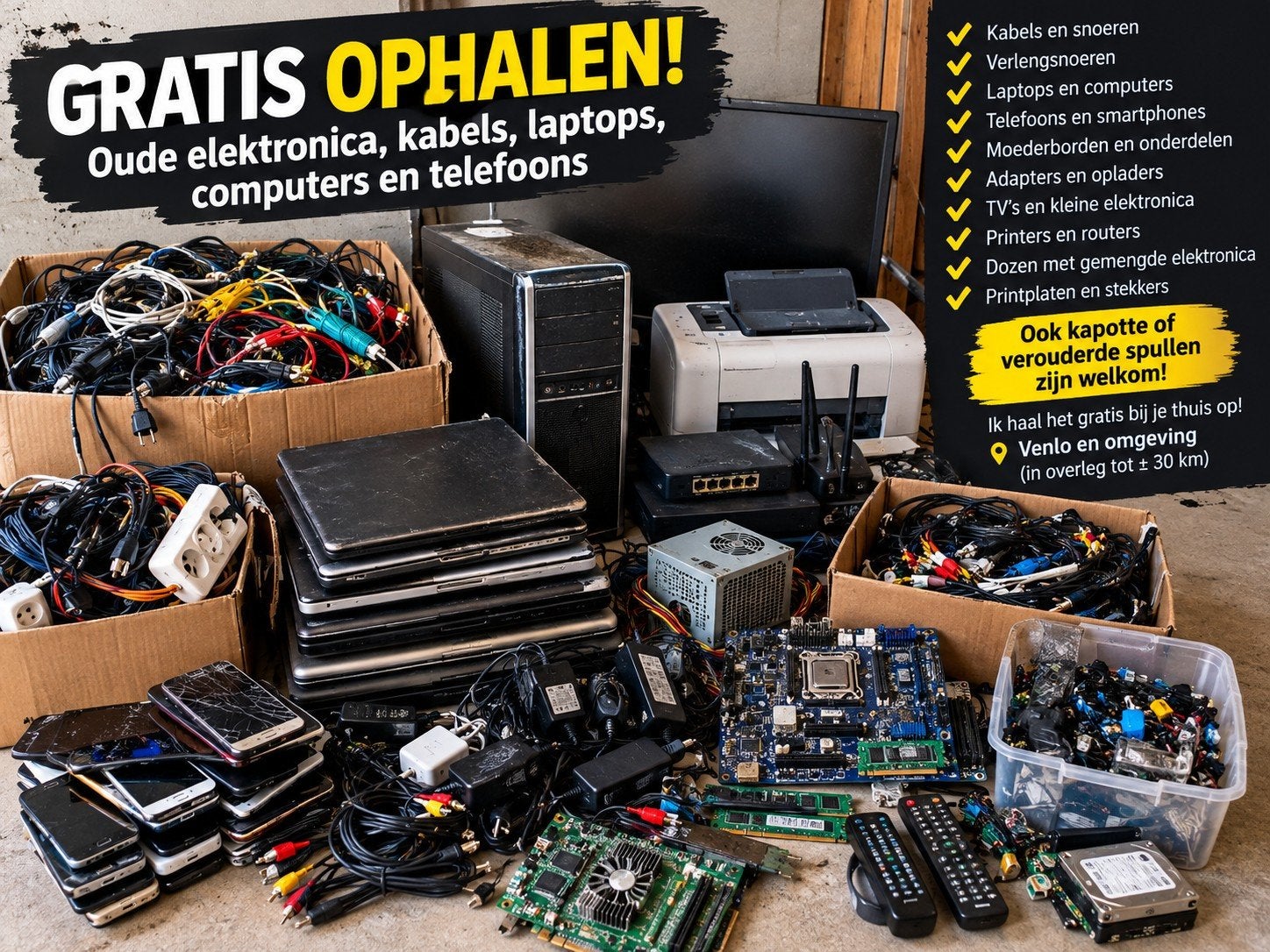 Gratis ophalen aan huis: Oude elektronica, kabels, laptops, Ophalen, Niet werkend